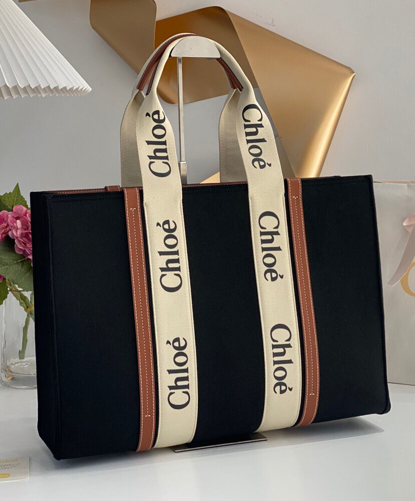 Chloe Large Woody Tote Bag Canvas with Leather Black/Cream